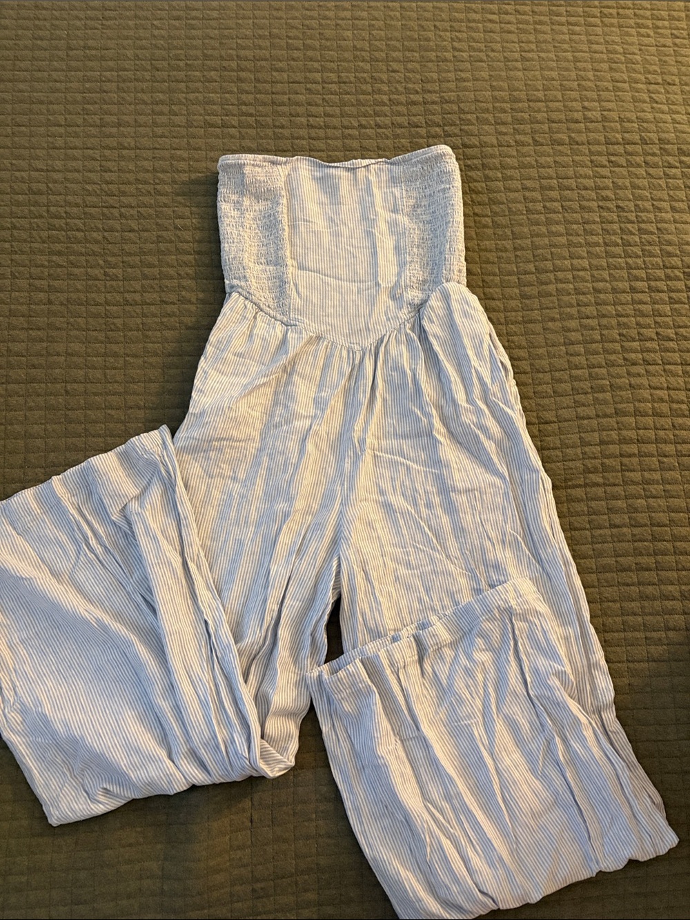 aerie Strapless Blue & White Pinstripe Wide-Leg Jumpsuit